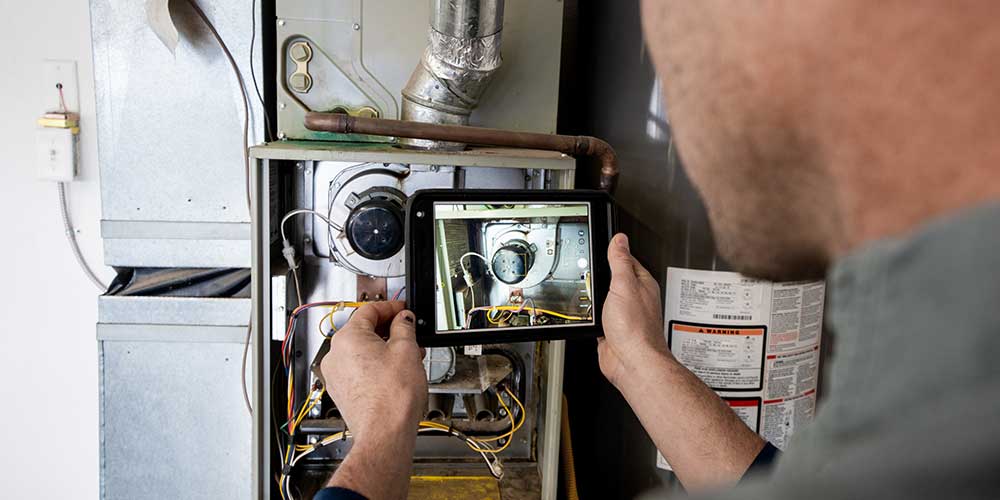 Furnace technician works with equipment to perform a local furnace repair inside home.